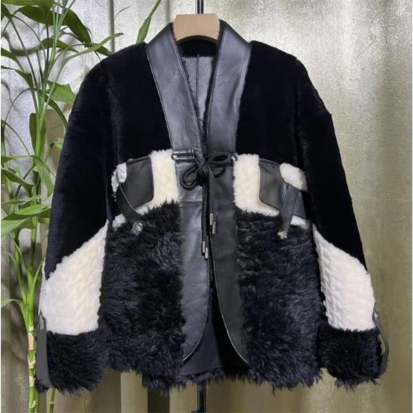 2023-女士冬季拼色美利奴皮毛一体外套-2251