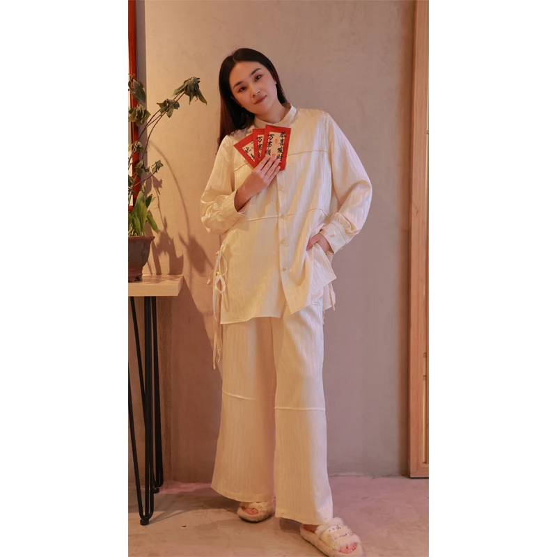 【春思系列】拼接衬衫（24710084-凝脂）+拼接阔腿裤（24709085-凝脂）