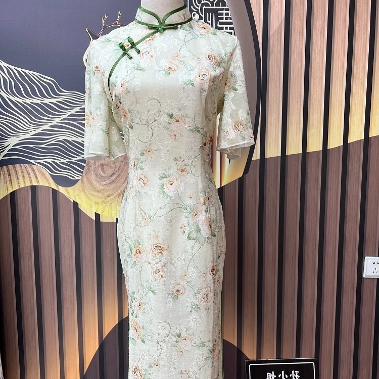 【淡绿花茶】2024夏季传统复古优雅修身短袖中长款旗袍
