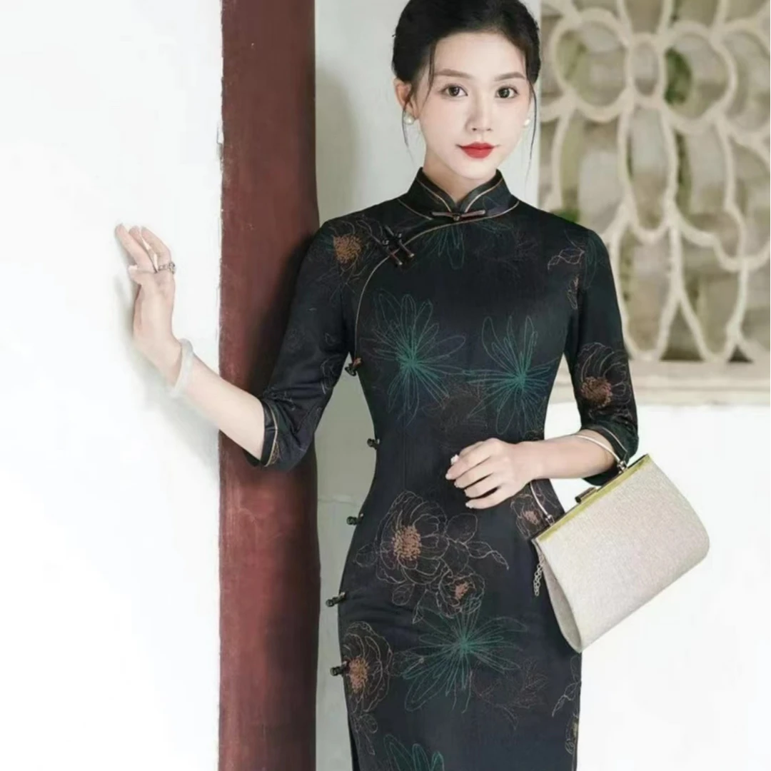 【大丽花】2024新款中国风修身复古优雅大方长款长袖旗袍