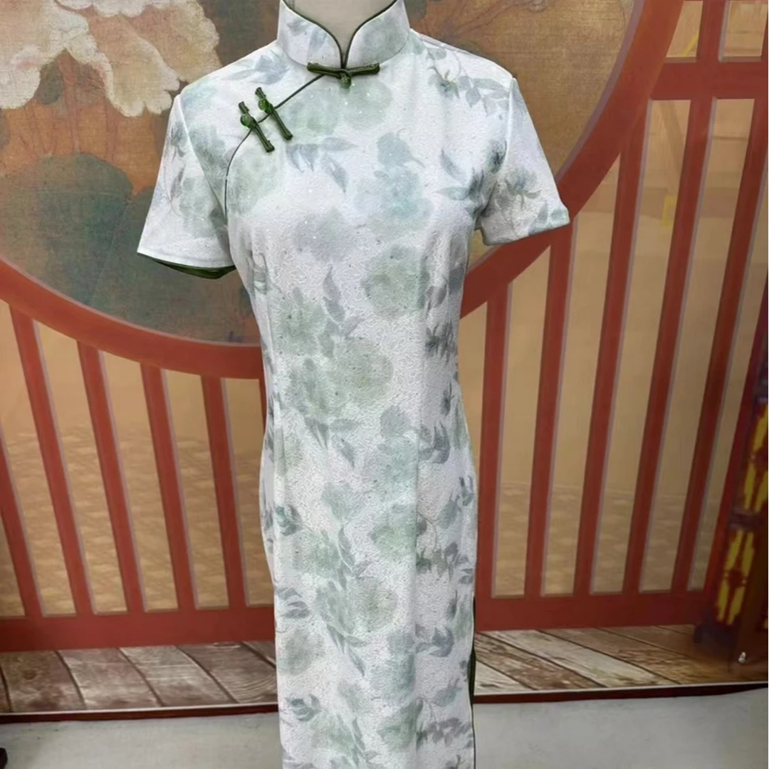 【绿色亮片】2023新款修身气质优雅旗袍日常