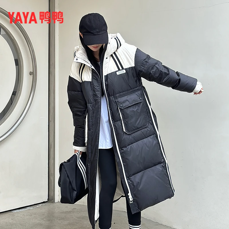 YAYA/鸭鸭2023年冬季新款韩版加厚宽松长款连帽90白鸭绒羽绒服女