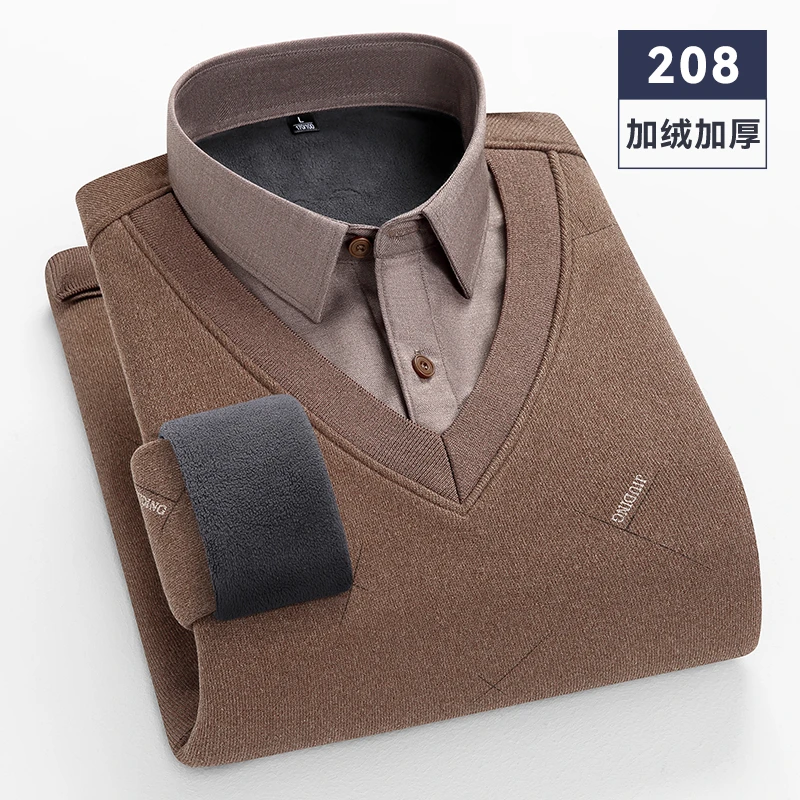 【加厚加绒假两件】男士衬衫商务保暖衬衣休闲POLO衫工装毛衣爸爸装