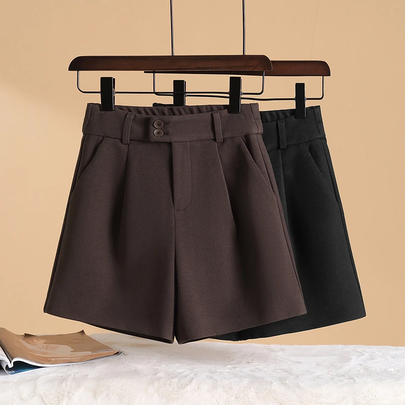 秋冬季毛呢短裤女2023新款高腰显瘦呢子遮肉a字阔腿裤半松紧靴裤