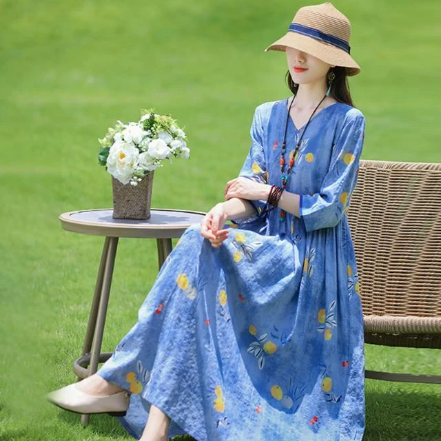 花色V领新款棉麻连衣抽绳收腰五分袖长款棉麻女装2023妈妈连衣裙