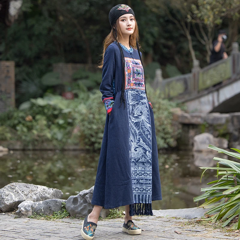 9112民族风女装春秋季新款长袖连衣裙复古文艺印花亚麻长裙中国风