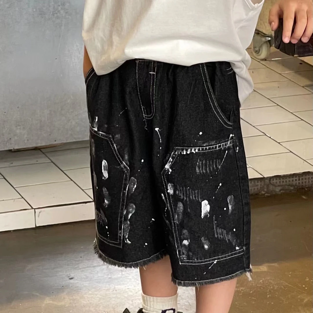 【现货48小时发】做旧刷漆黑色牛仔裤短裤   24xz02（现货）ly