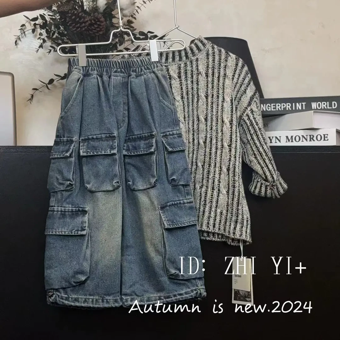 秋款新款韩系砂洗多口袋工装牛仔裤-0852