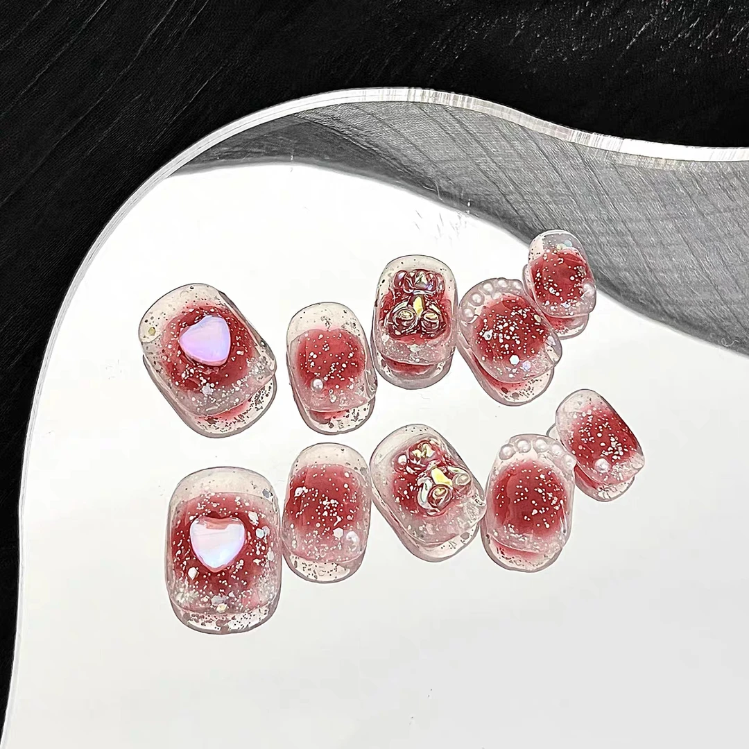 纯手工【树莓小熊】显白腮红晕染极光短款高级穿戴甲可拆卸美甲贴