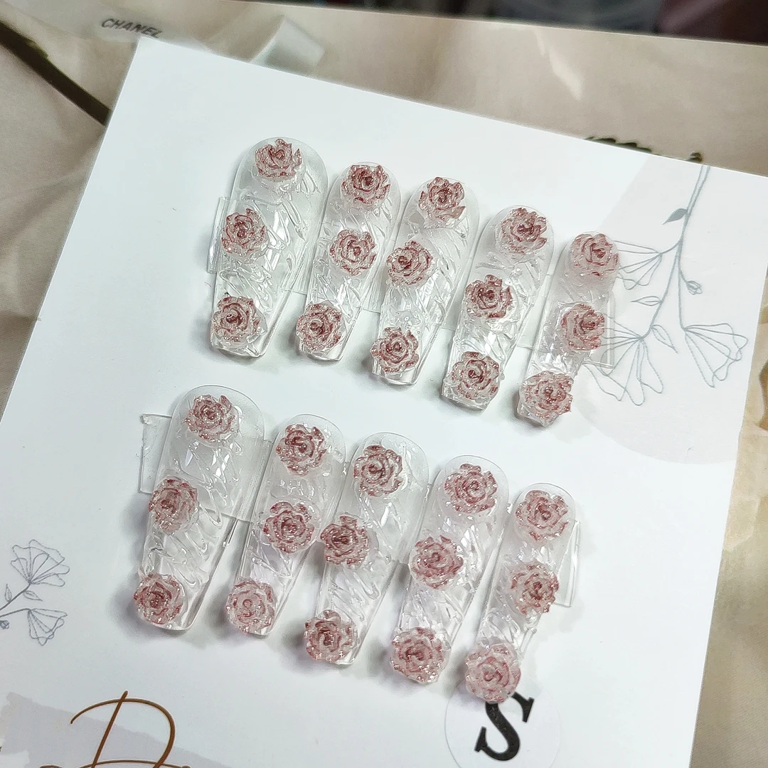 纯手工冰透琉璃质感红色山茶花气质显白手工穿戴甲婚甲拍照