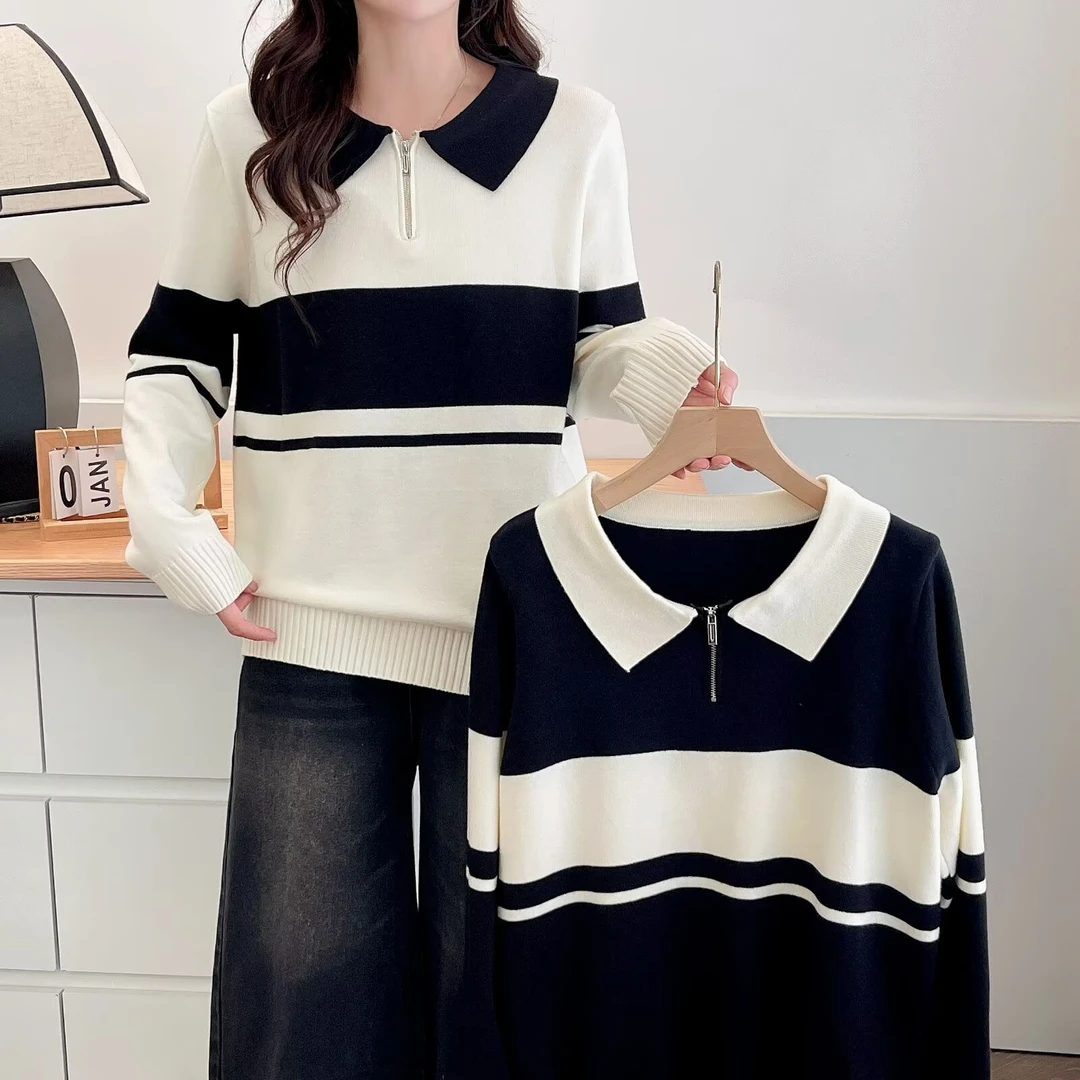 翻领显瘦简约大方拉链套头大板型大码女装遮肚子藏肉显瘦针织衫