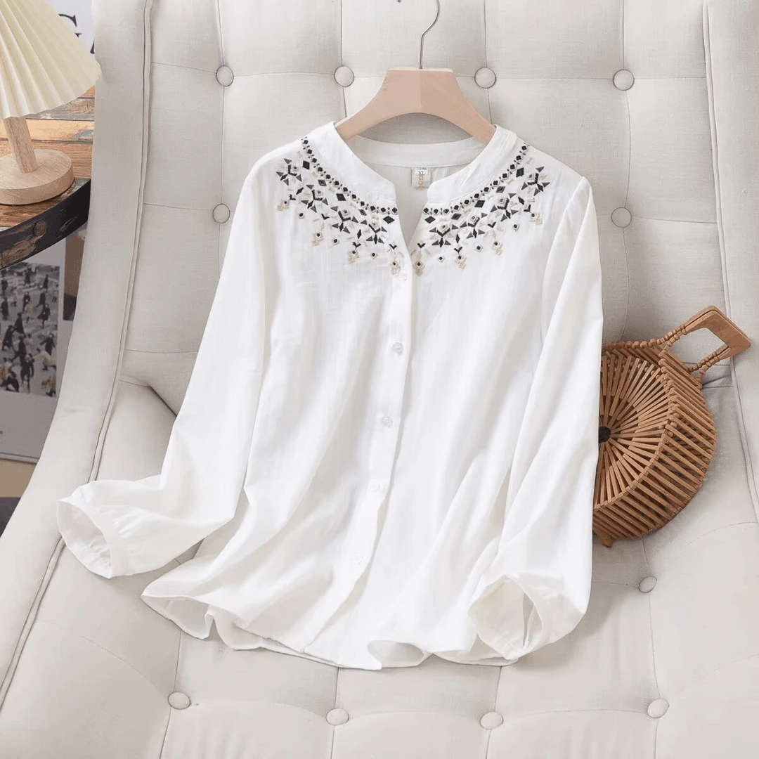 110-200斤刺绣中式微胖显瘦遮肚子大码女装胖mm长袖衬衫衬衣上衣