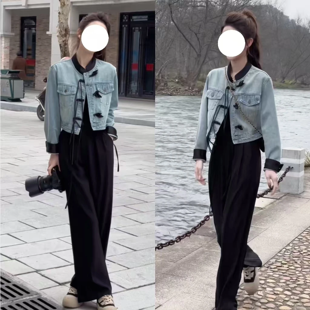 【烟雨朦胧】春秋新款新中式显瘦盘扣上衣高腰垂感阔腿休闲裤两件套