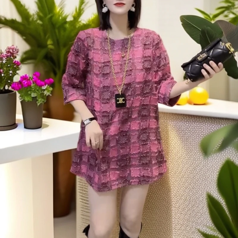 秋季新款中长款韩版时尚百搭洋气宽松显瘦格子七分袖大衫网红