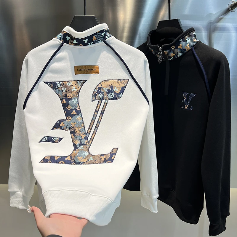 2024秋冬新款加绒加厚潮牌卫衣套头时尚立领上衣轻奢百搭男士长袖