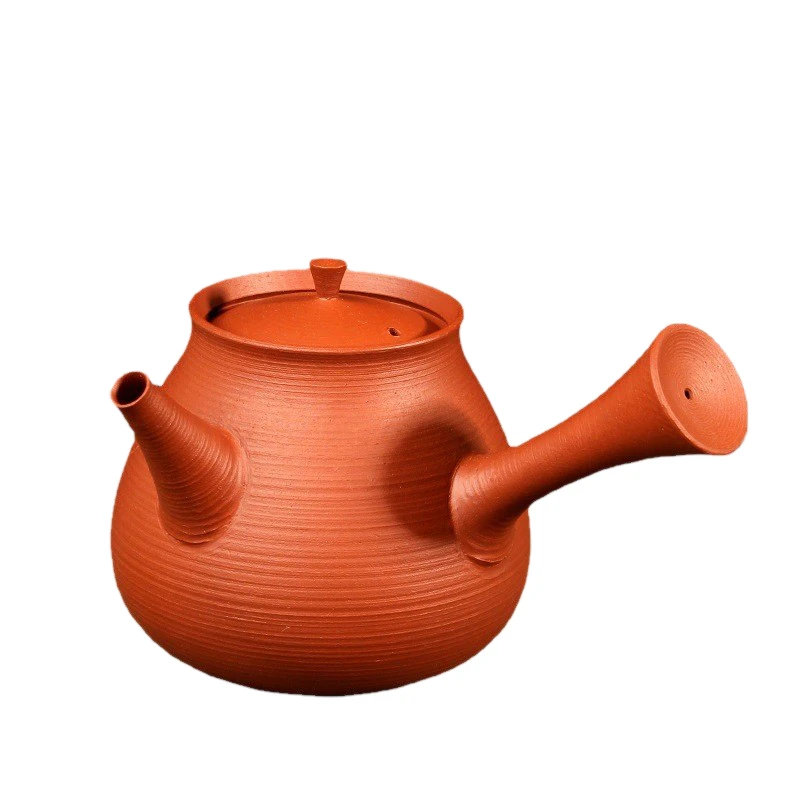 潮州朱泥手拉壶日式侧把壶红泥家用泡茶壶急须壶小容量砂铫壶原矿