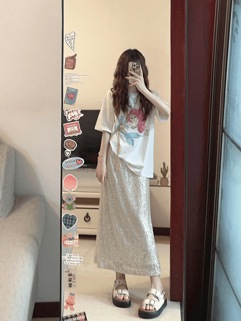 韩系卡通美人鱼印花白色T恤女夏季宽松短袖慵懒风中长款上衣套装