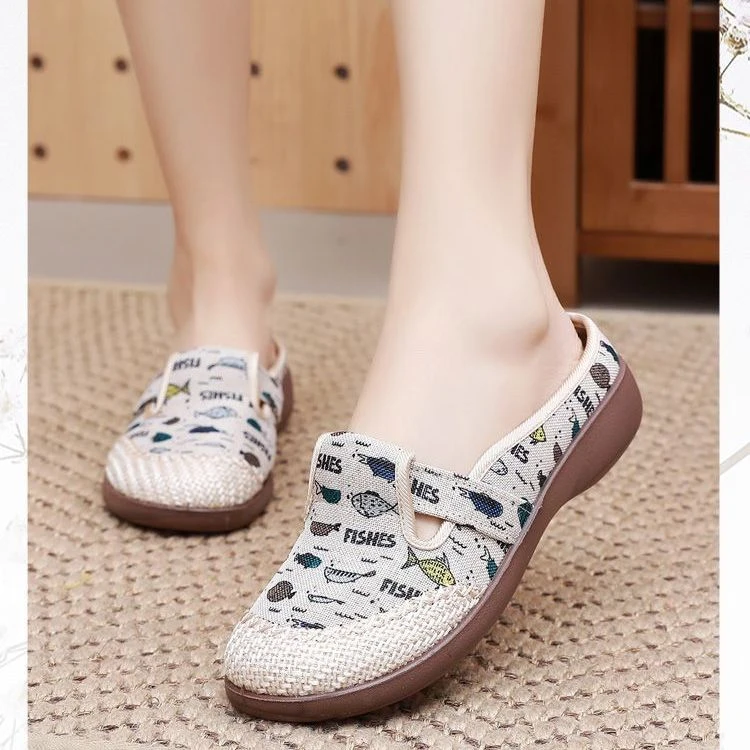 老北京女夏季新款包头半拖民族风渔夫鞋厚底软底凉拖鞋可外穿凉拖