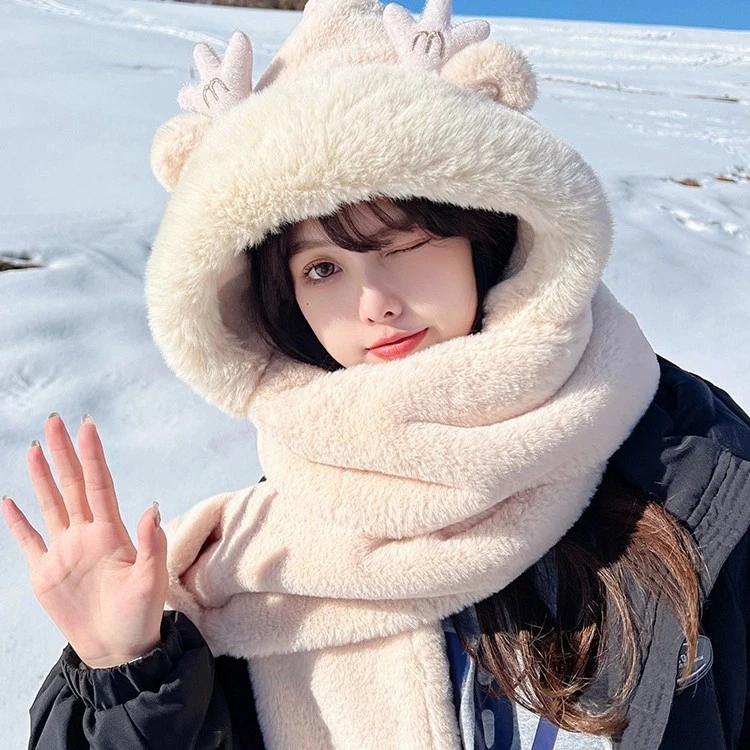 帽子围巾手套一体女秋冬季百搭防风韩版骑车时尚学生加绒加厚亲子