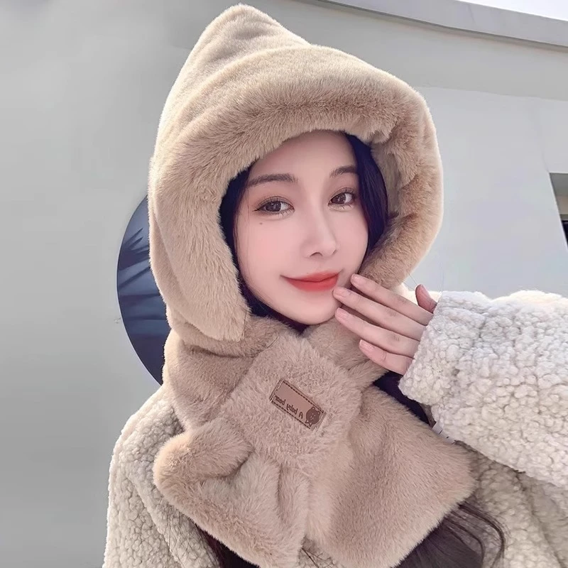 秋冬季帽子围巾一体女网红保暖毛绒加厚两件套冬天加绒保暖帽百搭