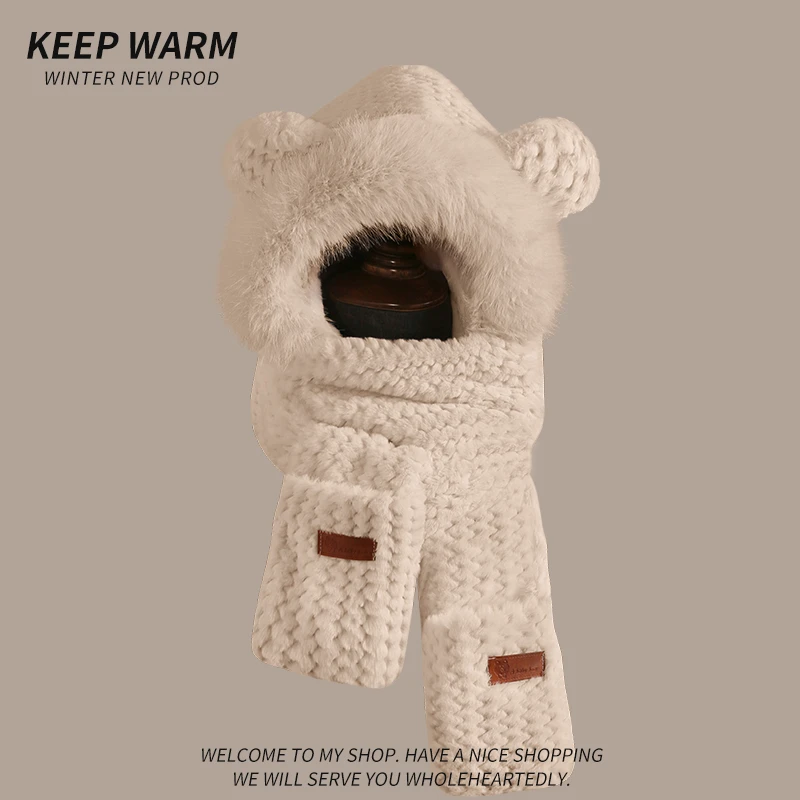 小熊帽子围巾一体秋冬季保暖加厚女毛绒帽手套连帽围脖三件套冬天