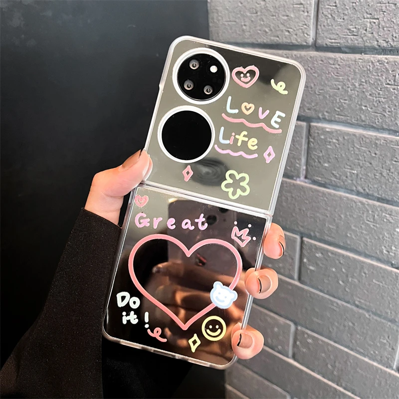 简约爱心镜子款适用华为P50Pocket补妆镜手机壳女生新款pocket s