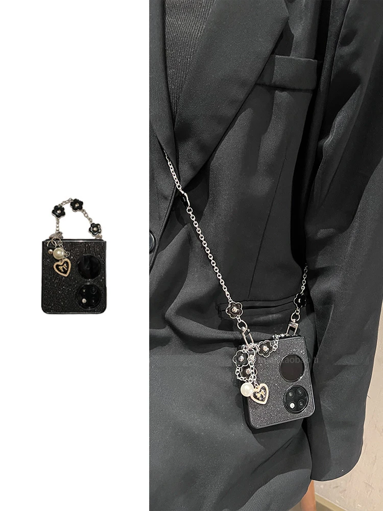 闪钻皮料爱心花朵长短链适用华为pocket2手机壳pockets宝盒