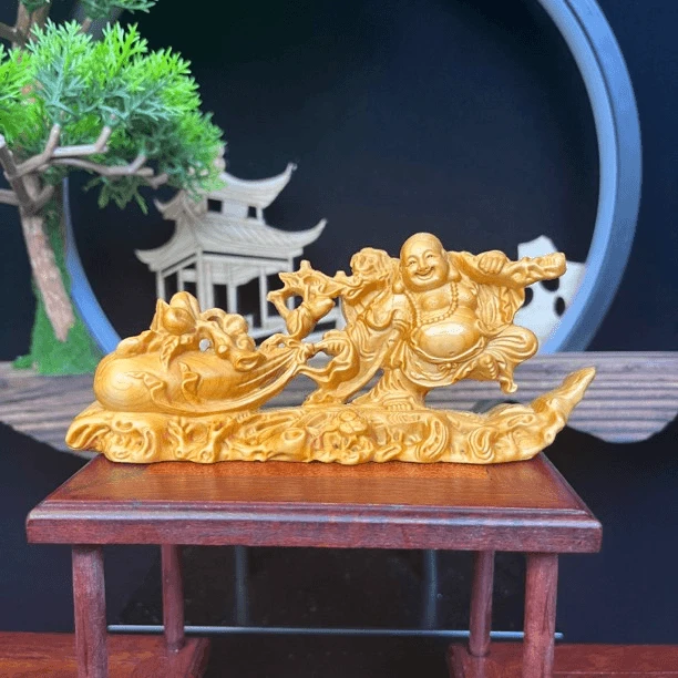 太行崖柏木布袋弥勒福满乾坤实木文玩雕刻家居装饰木雕工艺品长14