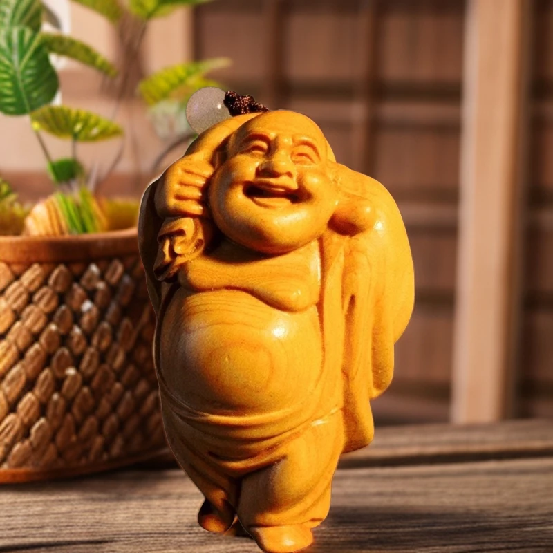 太行崖柏木背包弥勒手拿布袋开心佛手把件木雕/小挂件笑佛盘玩6cm