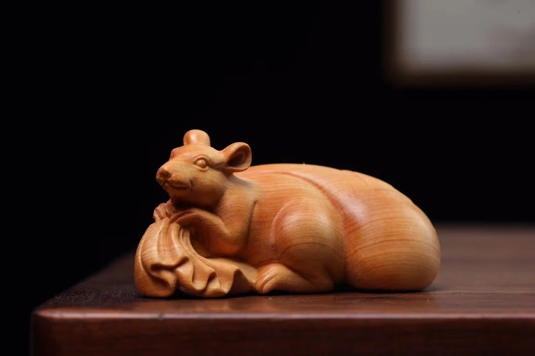 崖柏木雕刻袋袋数钱7.8cm实木生肖动物木雕摆件玩文手把件小茶宠