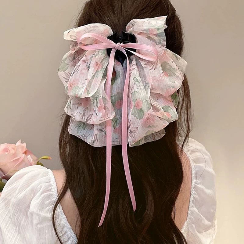 16-20 碎花大蝴蝶结飘带马尾夹高级感后脑勺鲨鱼夹新娘头饰
