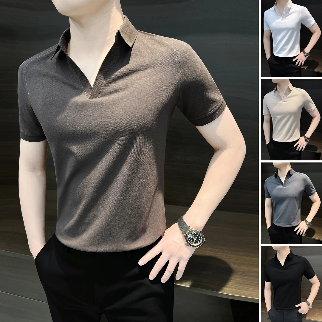 小V领Polo衫男款夏季薄款冰丝男士t恤短袖痞帅高级感休闲百搭男装