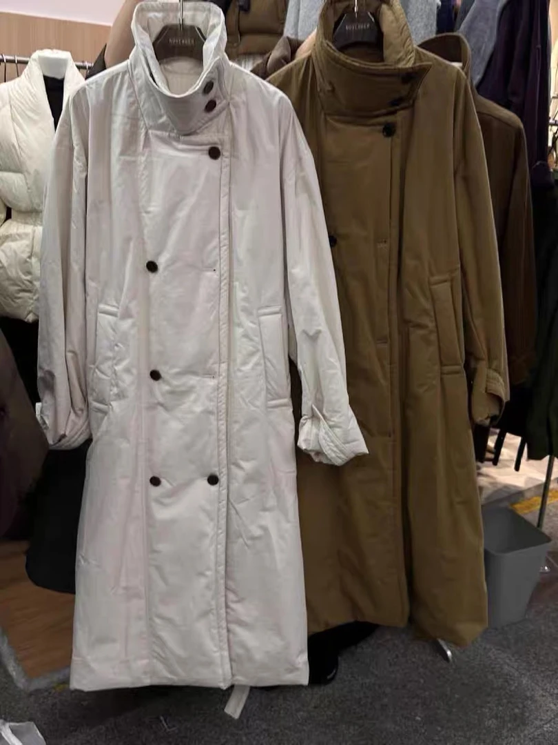 重工双排扣夹棉大衣2024冬季通勤百搭长款立领外套设计感棉衣大衣