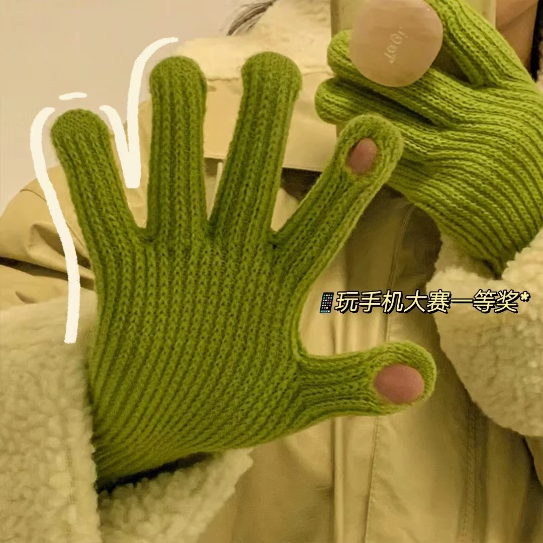 糖豆韩国毛线针织手套冬季女可触屏漏露手指头保暖五指