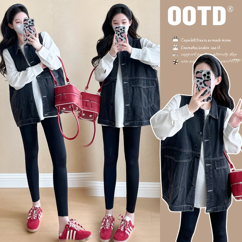 孕妇秋冬装中长款牛仔马甲外套韩版宽松显瘦外穿孕妈减龄百搭上衣