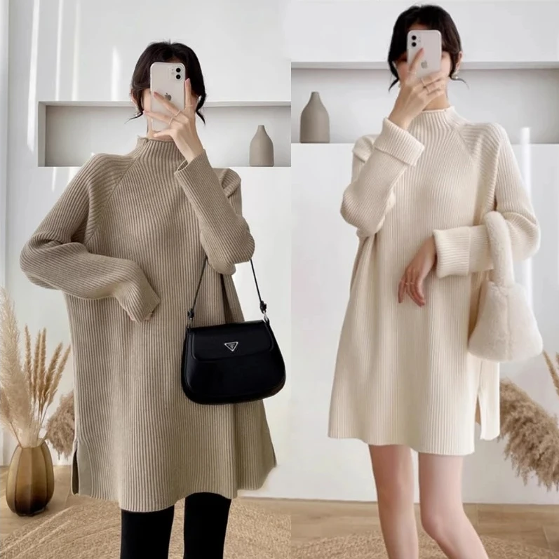 孕妇秋冬简约百搭内搭毛衣中长款遮屁股连衣裙弹力针织打底衫上衣