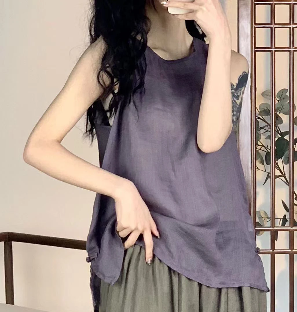 2024夏季纯苎麻纯色侧边盘扣背心休闲百搭女背心打底时尚外穿简约