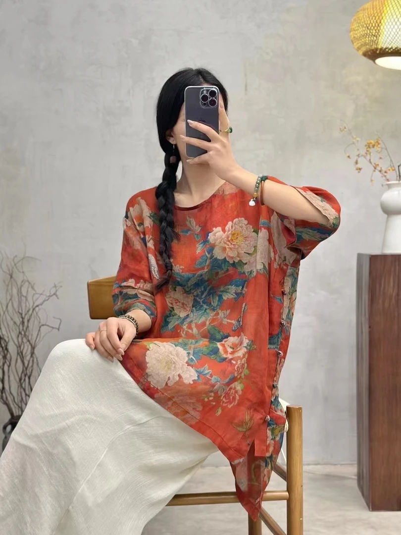 25春夏中国风新中式苎麻数码印花侧边盘扣休闲显瘦宽松圆领小衫