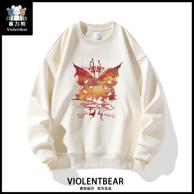 暴力熊重磅圆领长袖卫衣男新款新款国风敦煌蝴蝶印花oversize上衣