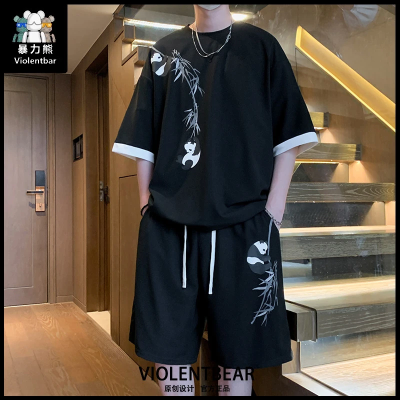 暴力熊轻奢痞帅男装潮牌中国风熊猫短袖短裤复古竹子绣花新款套装