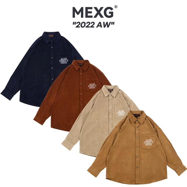 MEXG灯芯绒未知系列英文刺绣秋季新款潮长袖衬衫外套0022