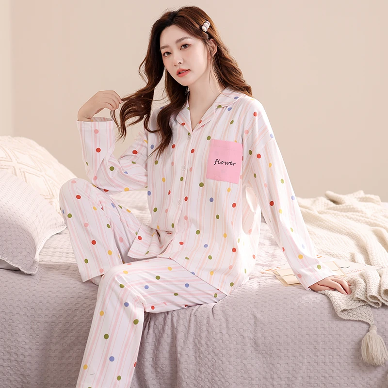 睡衣女士新款长袖宽松开衫可爱波点翻领家居服套装可外穿女士