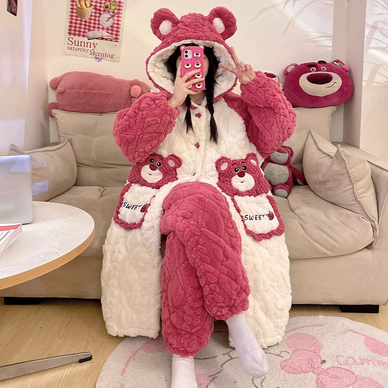 三层夹棉睡袍珊瑚绒睡衣女秋冬季加绒加厚2024新款可外穿家居服