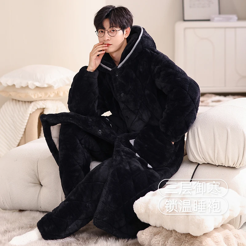 三层夹棉加绒加厚珊瑚绒睡袍男2024新款秋冬季黑色可外穿家居服