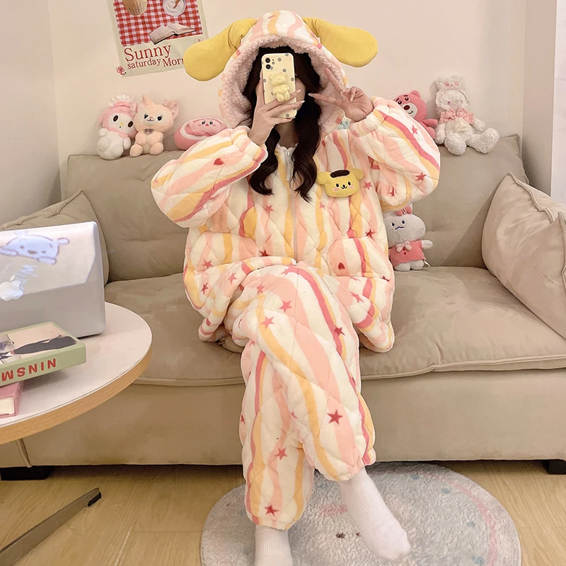 三层夹棉2024新款珊瑚绒睡衣女秋冬季加绒加厚布丁狗可外穿家居服
