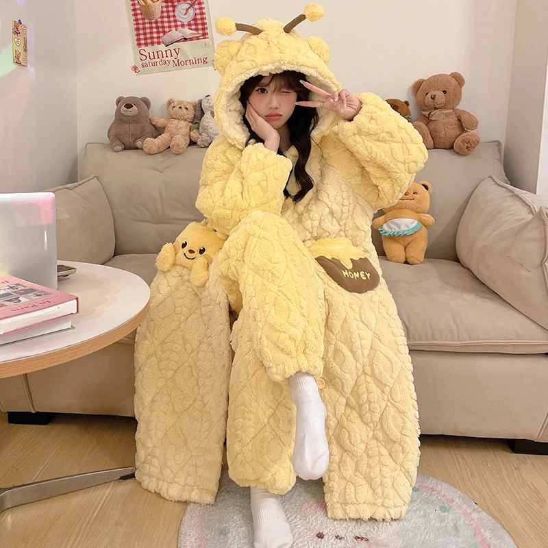 三层夹棉加绒加厚珊瑚绒睡衣女秋冬季2024新款可外穿家居服套装