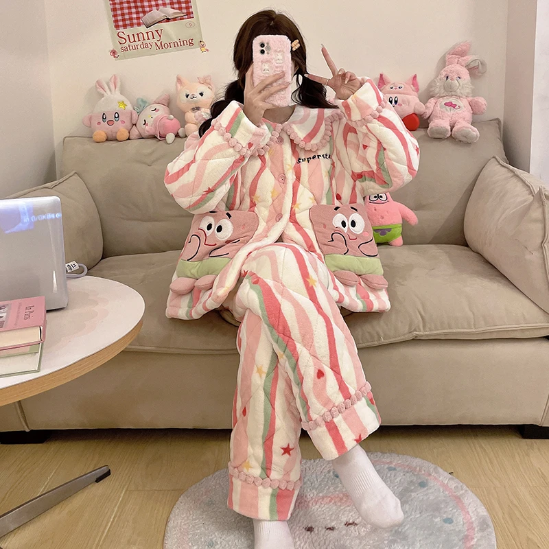 珊瑚绒睡衣女秋冬季加绒加厚三层夹棉2024新款花瓣领可外穿家居服