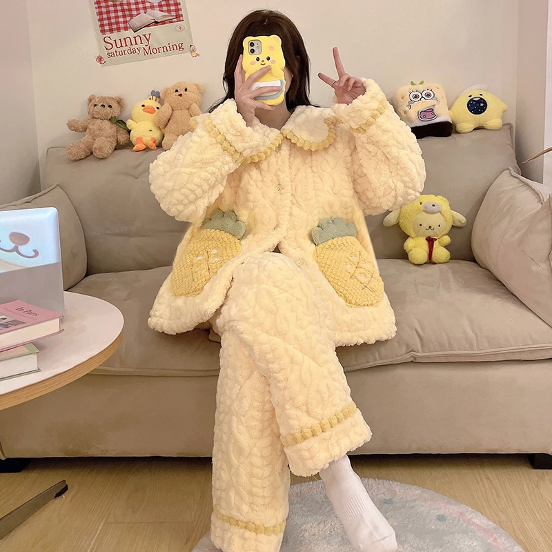 珊瑚绒睡衣女秋冬季加绒加厚三层夹棉2024新款大菠萝可外穿家居服