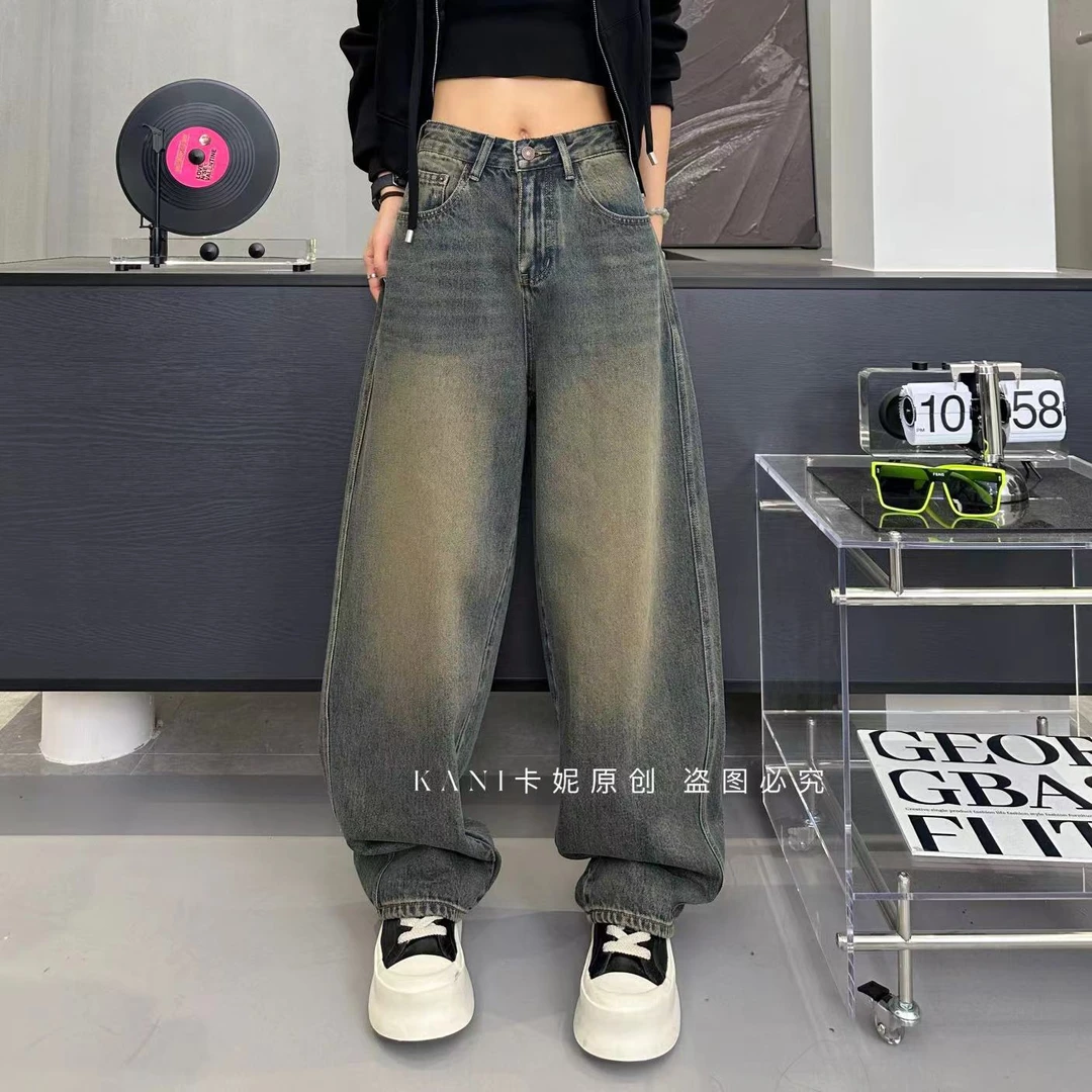 KANI 8980 新款美式水泥灰做旧水洗百搭牛仔老爹堆堆裤