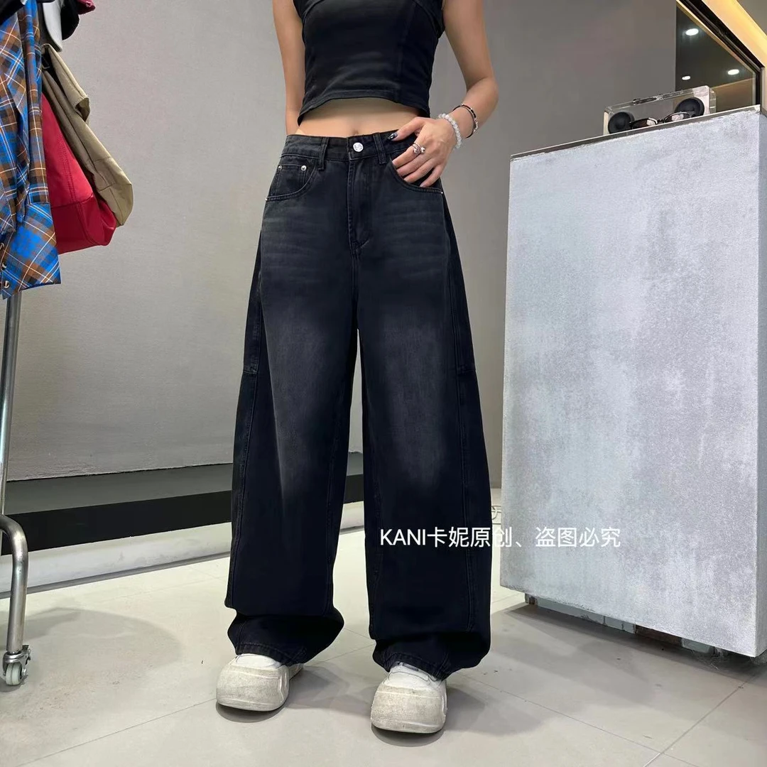 QQ9959【黑牛】美式显瘦中高腰做旧水洗百搭牛仔老爹镰刀裤